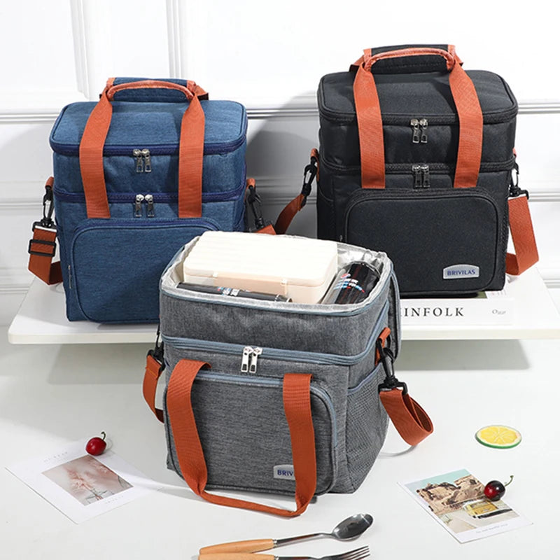 Doppelschichtige Lunch-Taschen Tragbare Picknick-Lebensmittel-Aufbewahrungstasche Große Kapazität Isolierte Kühltasche Umhängetasche Lunchbag Schultertaschen