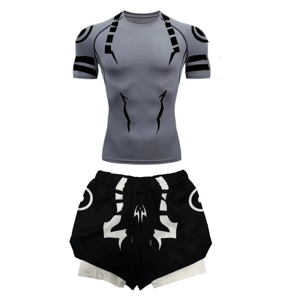 Anime Jujutsu Kaisen Kompressionsset Fitnessanzug für Herren, schnell trocknendes 3D-Kompressionsshirt + Fitnessstudio-Shorts, Lauf-Workout-Sportbekleidung