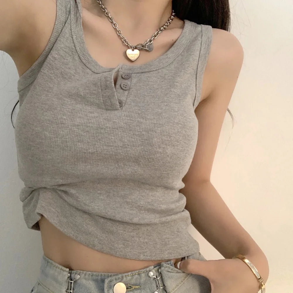 Tank-Top für Damen, gerippt, mit Knopfleiste, ärmellose Bluse, einfarbig, lässig, für Damen und Teenager, trendige Basic-Sommerkleider