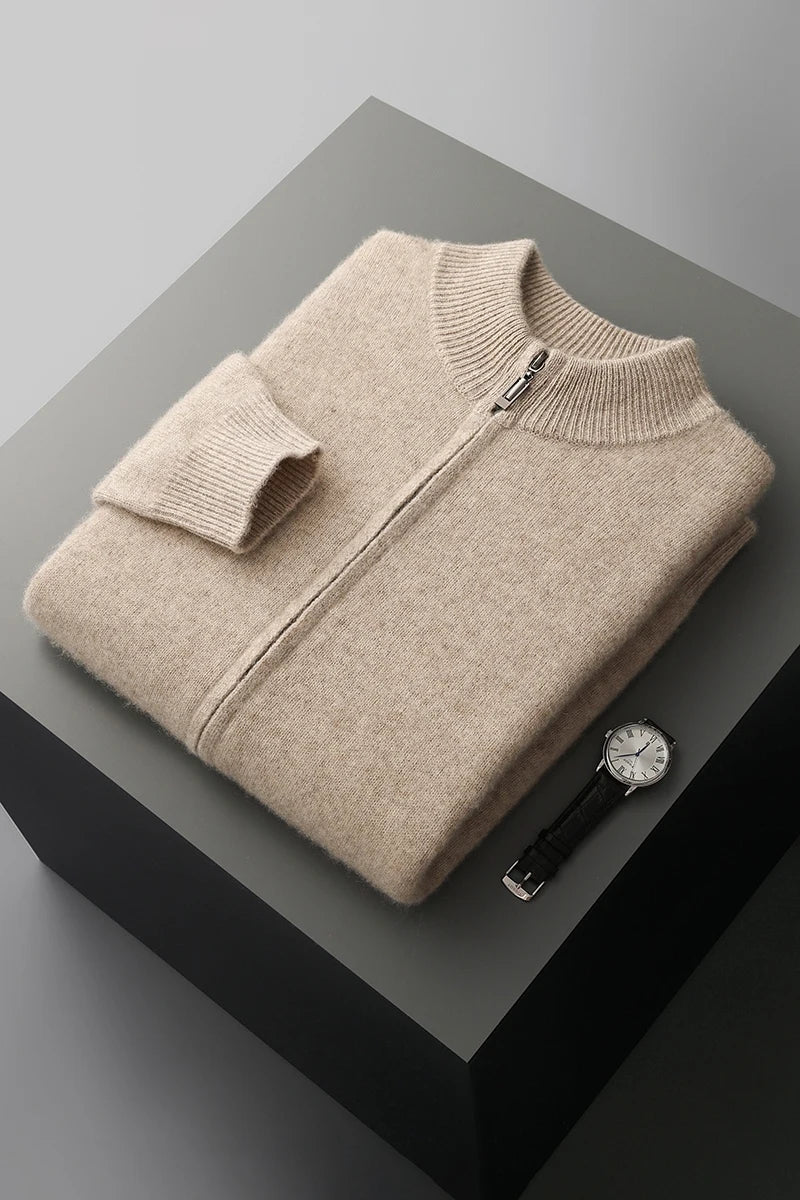 Merinowolle,100 %  warmer Herrenpullover, Stehkragen, verdickte Strickjacke mit Reißverschluss, Herbst-Winter, neue Kaschmir-Strick-Langarm-Tops