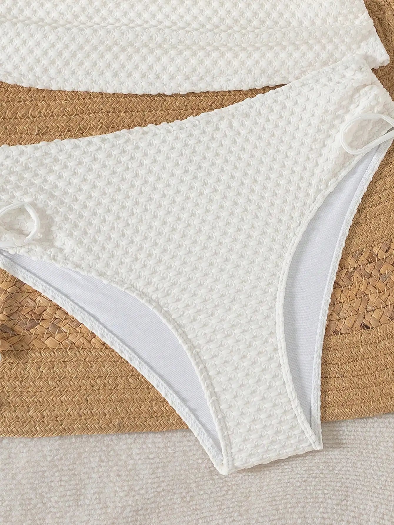 Women White Knitted Jacquard Beaded Drawstring Halter Neck Bikini Set