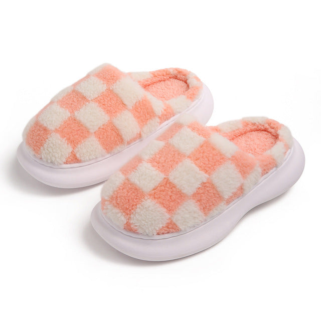 Plush Cotton Non-Slip Thick Bottom Plaid Slippers