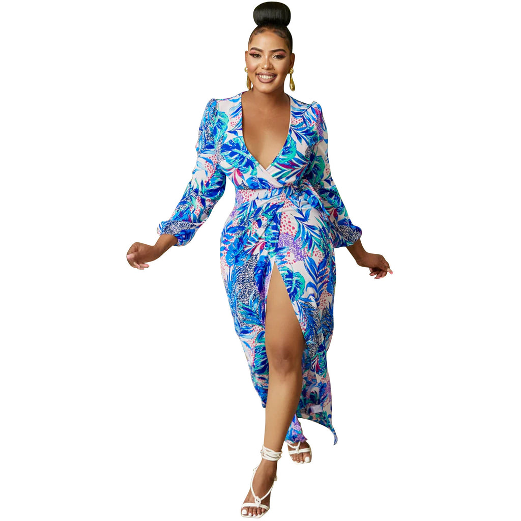 Women's V-neck Printed Long Sleeve Tie Dress