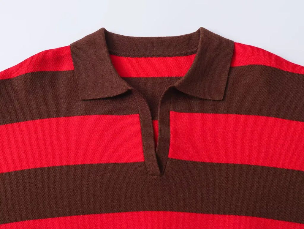 2026 Autumn New Women's Loose Long Sleeve Sweater Solid Color & Bold Stripe Lapel Top Street Fashion Long Sleeve Pullover