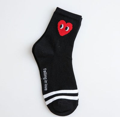 Cute Heart Print Mid-Calf Socks - Cartoon Striped Design
