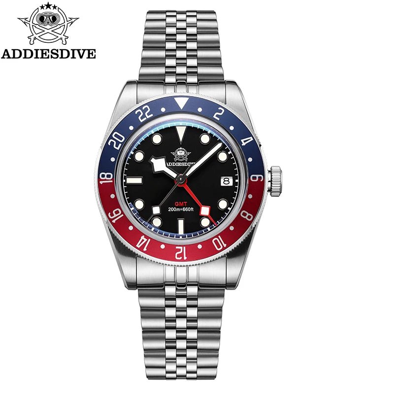 ADDIESDIVE AD2044 GMT Taucheruhr – 200m, BGW9 Leuchtend, Blasenspiegel, Quarz - flohmarkt-deutschland.shop