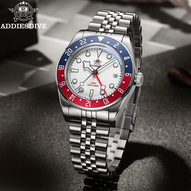 ADDIESDIVE AD2044 GMT Taucheruhr – 200m, BGW9 Leuchtend, Blasenspiegel, Quarz - flohmarkt-deutschland.shop
