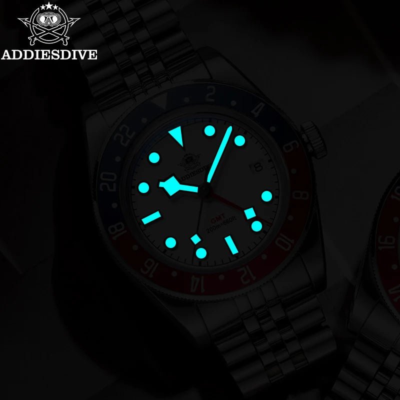 ADDIESDIVE AD2044 GMT Taucheruhr – 200m, BGW9 Leuchtend, Blasenspiegel, Quarz - flohmarkt-deutschland.shop