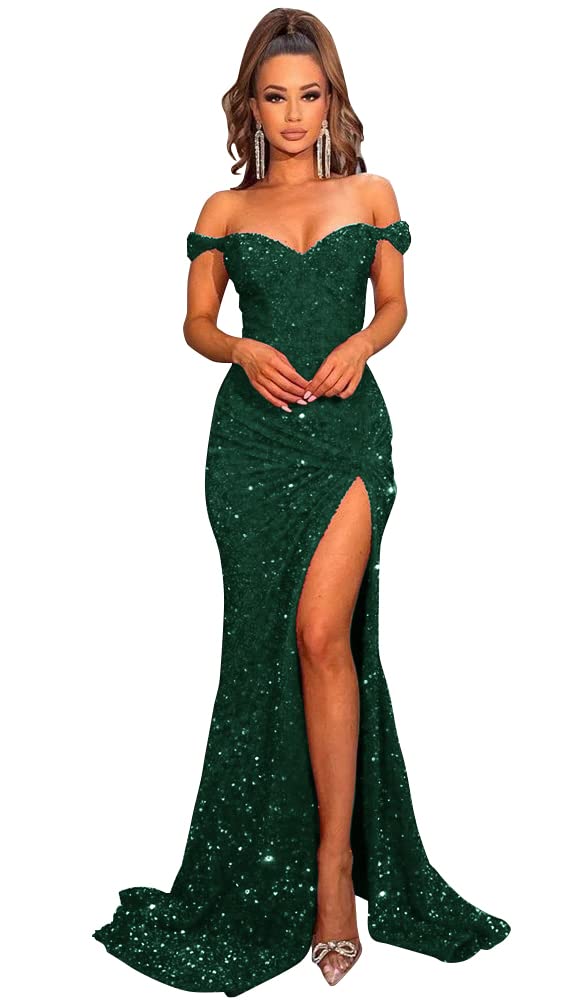 Womens Off Shoulder Sequin Prom Dresses 2024 Long Mermaid Formal Evening Gowns with Slit Emerald Green US12