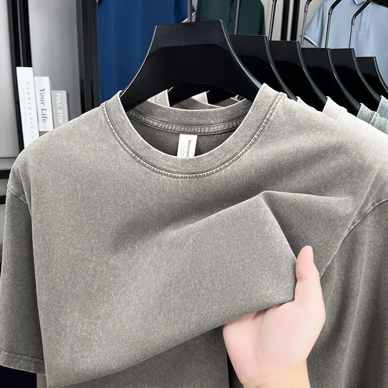 American Style Retro Heavyweight Solid Color Short Sleeved T-shirt Men Women Summer Street Trendy Washed Old Oversized Clothes - flohmarkt-deutschland.shop