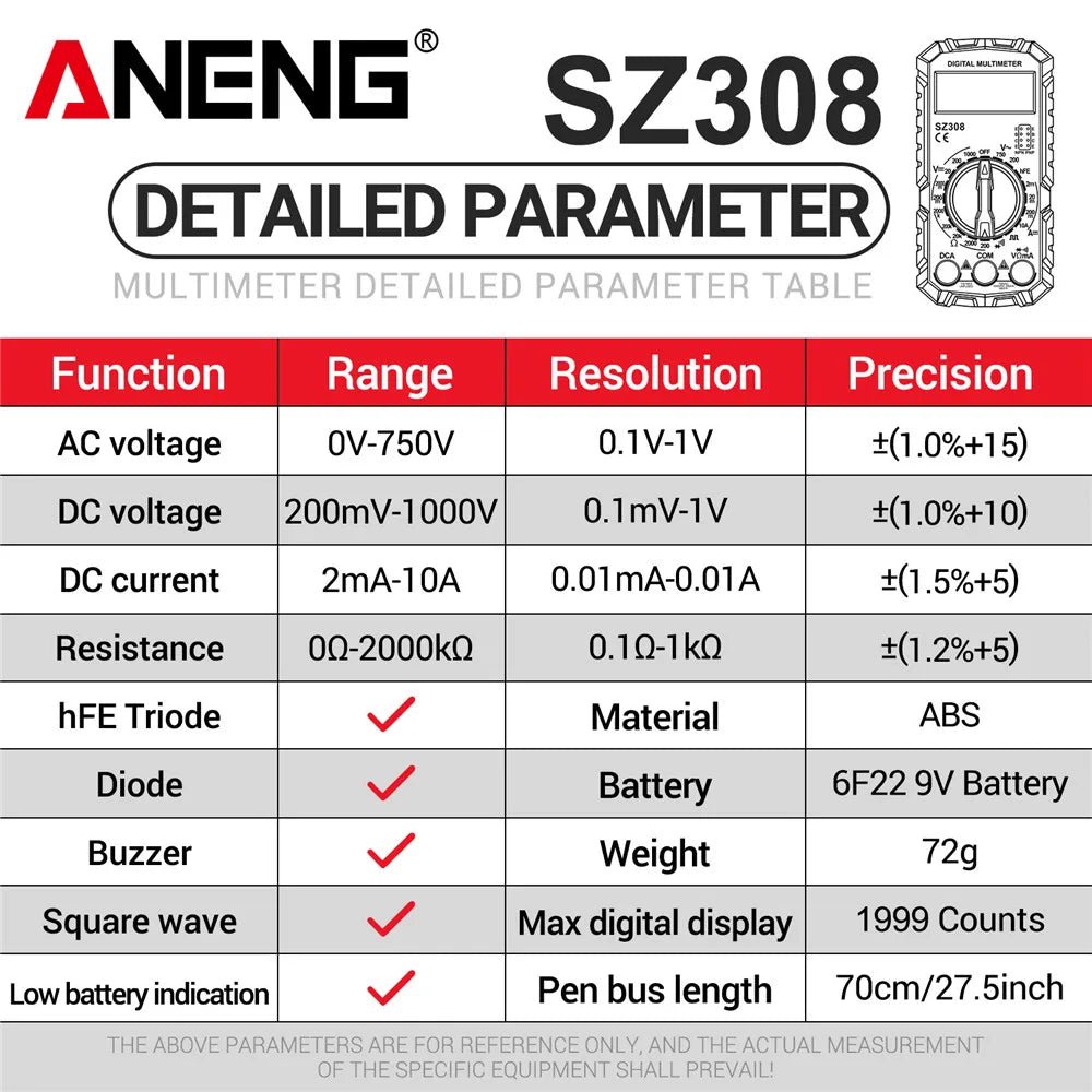 ANENG SZ308 Digital Multimeter AC/DC Current Meter Voltage Resistance Meter Electrician LCD Screen Ohm Square Wave Test - flohmarkt-deutschland.shop