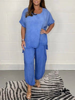 Angebot 15,eur, Einfarbige Hose setzt Frauen kurze Ärmel o Hals T-Shirt und lockere Hose mit weitem Bein zweiteilig Set Mode lässig Dame Anzug - flohmarkt-deutschland.shop