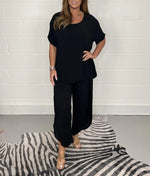 Angebot 15,eur, Einfarbige Hose setzt Frauen kurze Ärmel o Hals T-Shirt und lockere Hose mit weitem Bein zweiteilig Set Mode lässig Dame Anzug - flohmarkt-deutschland.shop