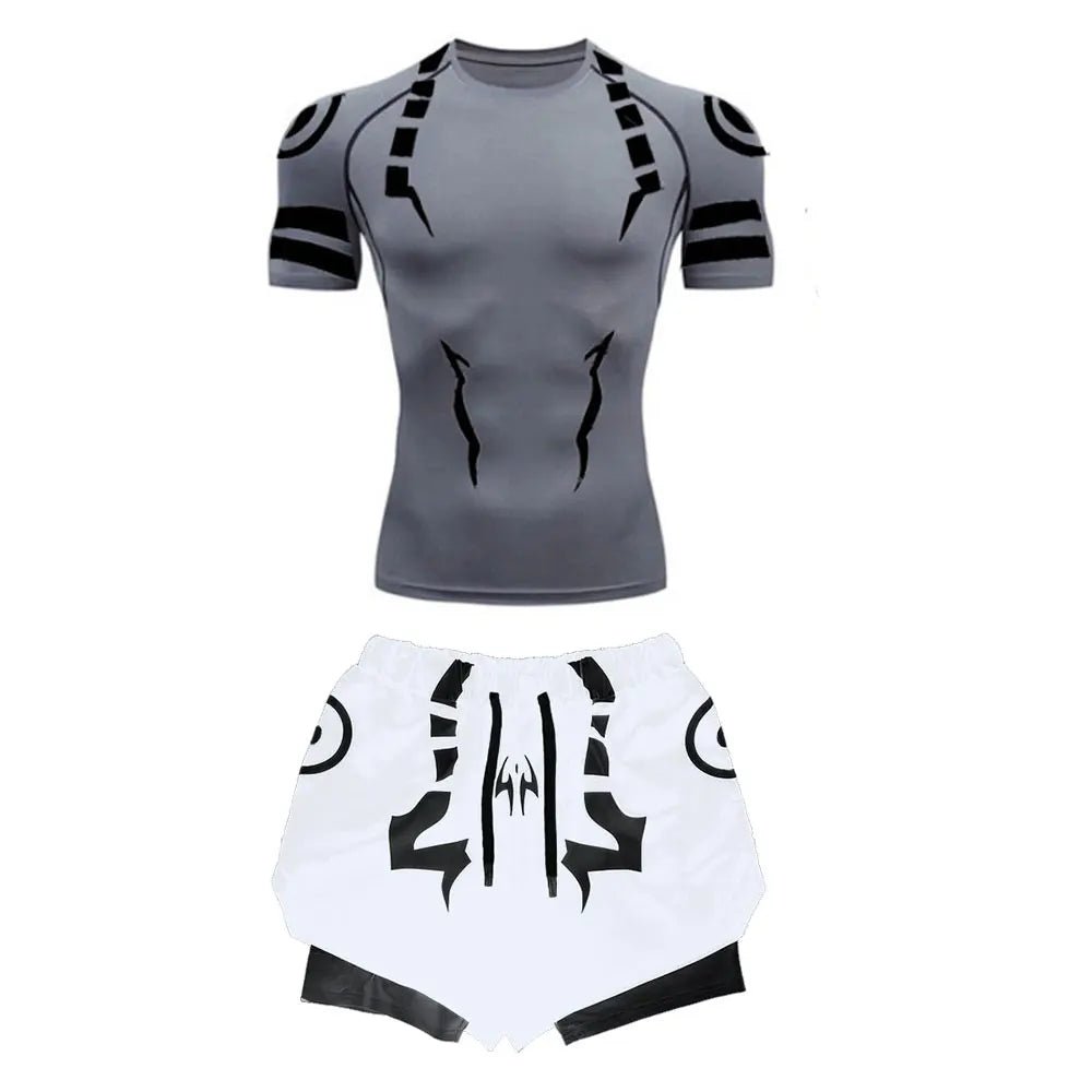 Anime Jujutsu Kaisen Kompressionsset Fitnessanzug für Herren, schnell trocknendes 3D-Kompressionsshirt + Fitnessstudio-Shorts, Lauf-Workout-Sportbekleidung - flohmarkt-deutschland.shop