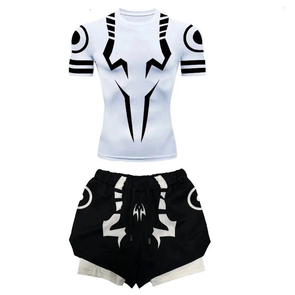 Anime Jujutsu Kaisen Kompressionsset Fitnessanzug für Herren, schnell trocknendes 3D-Kompressionsshirt + Fitnessstudio-Shorts, Lauf-Workout-Sportbekleidung - flohmarkt-deutschland.shop