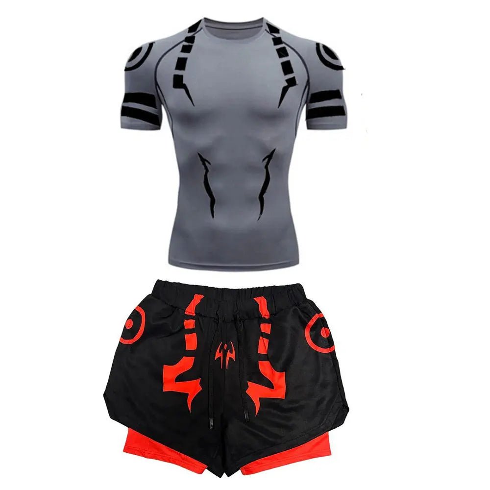 Anime Jujutsu Kaisen Kompressionsset Fitnessanzug für Herren, schnell trocknendes 3D-Kompressionsshirt + Fitnessstudio-Shorts, Lauf-Workout-Sportbekleidung - flohmarkt-deutschland.shop