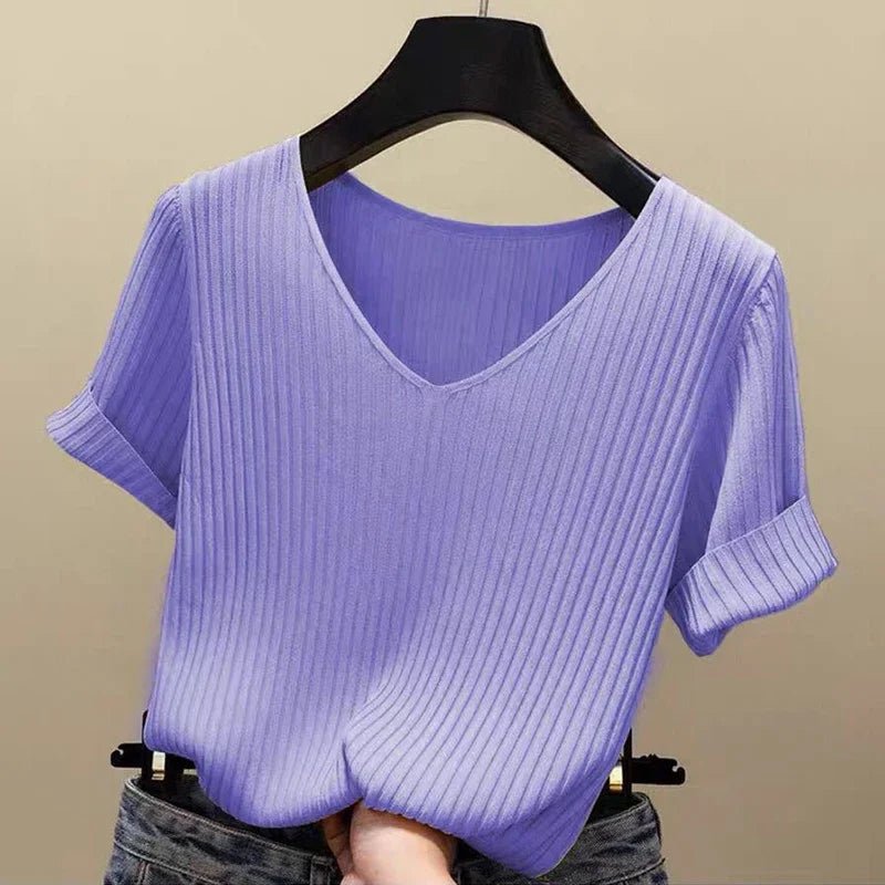 AOSSVIAO 2026 Basic V-Ausschnitt Einfarbiger Dünner Sommer Damen Pullover Weiblicher Dünner Gerippter Strickpullover Schlanker Kurzarm Bodycon Pullover - flohmarkt-deutschland.shop
