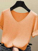 AOSSVIAO 2026 Basic V-Ausschnitt Einfarbiger Dünner Sommer Damen Pullover Weiblicher Dünner Gerippter Strickpullover Schlanker Kurzarm Bodycon Pullover - flohmarkt-deutschland.shop