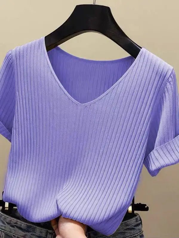 AOSSVIAO 2026 Basic V-Ausschnitt Einfarbiger Dünner Sommer Damen Pullover Weiblicher Dünner Gerippter Strickpullover Schlanker Kurzarm Bodycon Pullover - flohmarkt-deutschland.shop