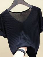 AOSSVIAO 2026 Basic V-Ausschnitt Einfarbiger Dünner Sommer Damen Pullover Weiblicher Dünner Gerippter Strickpullover Schlanker Kurzarm Bodycon Pullover - flohmarkt-deutschland.shop