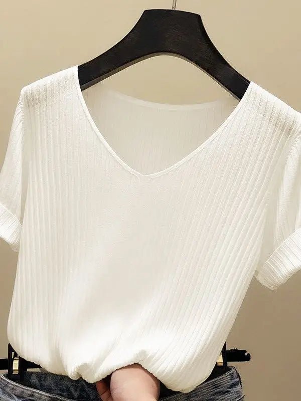 AOSSVIAO 2026 Basic V-Ausschnitt Einfarbiger Dünner Sommer Damen Pullover Weiblicher Dünner Gerippter Strickpullover Schlanker Kurzarm Bodycon Pullover - flohmarkt-deutschland.shop