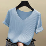 AOSSVIAO 2026 Basic V-Ausschnitt Einfarbiger Dünner Sommer Damen Pullover Weiblicher Dünner Gerippter Strickpullover Schlanker Kurzarm Bodycon Pullover - flohmarkt-deutschland.shop