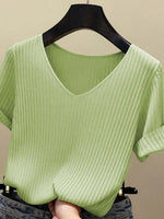 AOSSVIAO 2026 Basic V-Ausschnitt Einfarbiger Dünner Sommer Damen Pullover Weiblicher Dünner Gerippter Strickpullover Schlanker Kurzarm Bodycon Pullover - flohmarkt-deutschland.shop