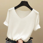 AOSSVIAO 2026 Basic V-Ausschnitt Einfarbiger Dünner Sommer Damen Pullover Weiblicher Dünner Gerippter Strickpullover Schlanker Kurzarm Bodycon Pullover - flohmarkt-deutschland.shop
