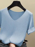 AOSSVIAO 2026 Basic V-Ausschnitt Einfarbiger Dünner Sommer Damen Pullover Weiblicher Dünner Gerippter Strickpullover Schlanker Kurzarm Bodycon Pullover - flohmarkt-deutschland.shop