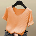 AOSSVIAO 2026 Basic V-Ausschnitt Einfarbiger Dünner Sommer Damen Pullover Weiblicher Dünner Gerippter Strickpullover Schlanker Kurzarm Bodycon Pullover - flohmarkt-deutschland.shop