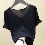 AOSSVIAO 2026 Basic V-Ausschnitt Einfarbiger Dünner Sommer Damen Pullover Weiblicher Dünner Gerippter Strickpullover Schlanker Kurzarm Bodycon Pullover - flohmarkt-deutschland.shop