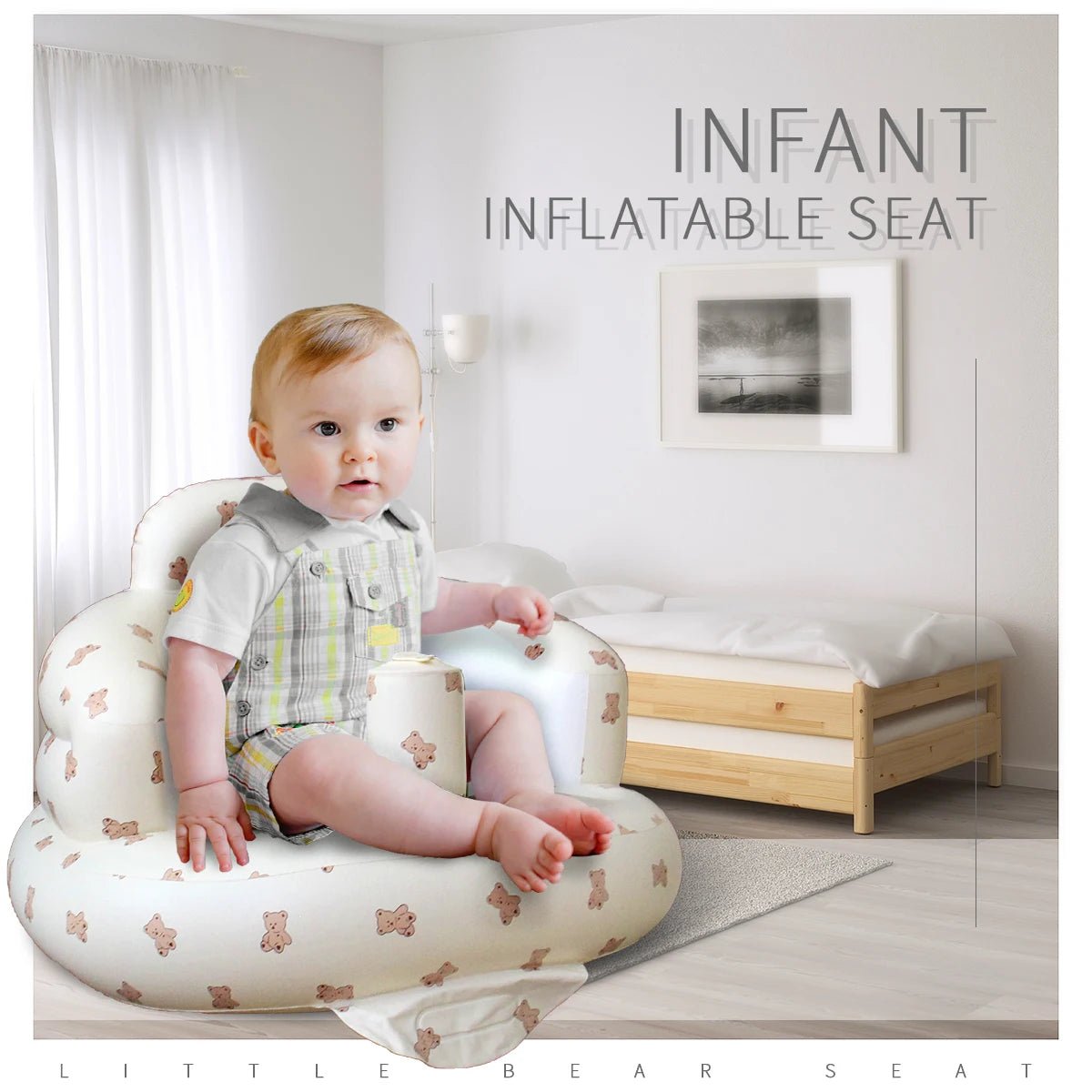 Aufblasbarer Babysitz, Biskuit-Bär Cartoon-Babysessel zum Sitzen für 3-12 Monate, Eingebaute Luftpumpe PVC-Rückenstütze Sofa - flohmarkt-deutschland.shop