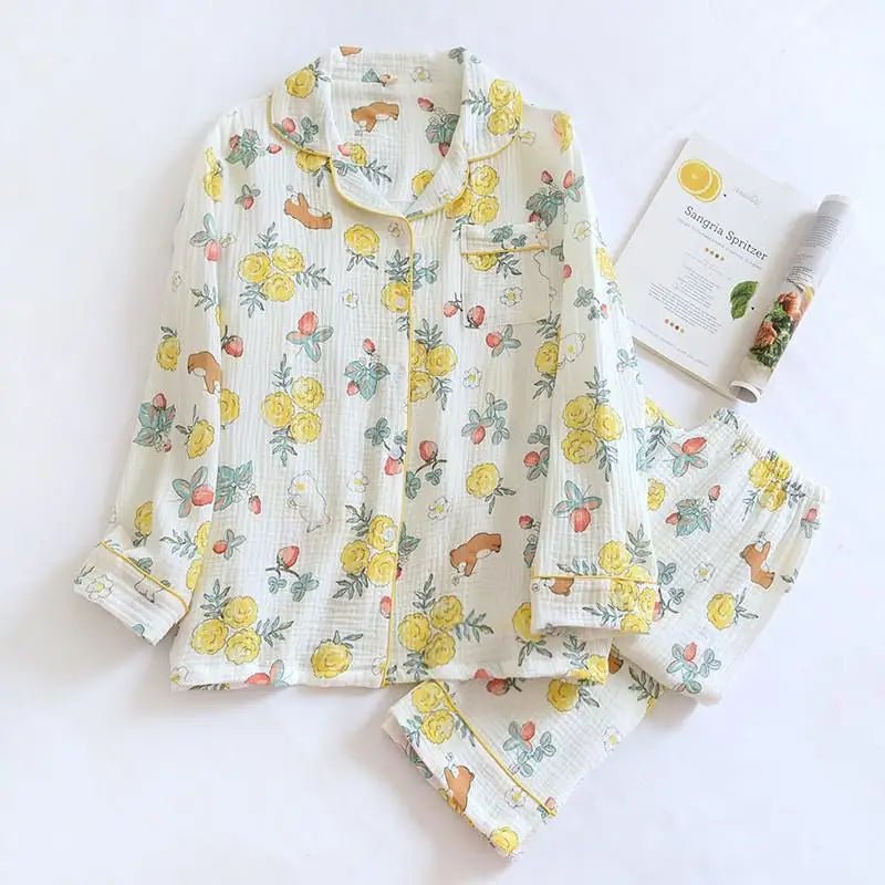 Autumn New Cotton Yarn Sleepwear Women's Two-piece Home Clothes Pajamas Nightie Female Nightwear Suit Set Lounge Wear - flohmarkt-deutschland.shop