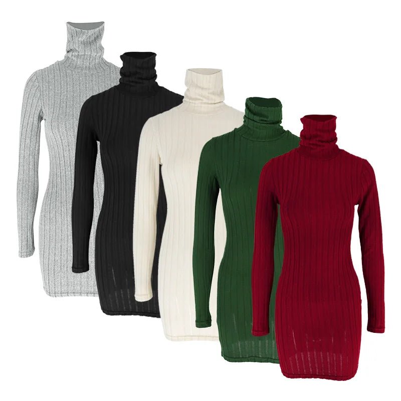 Autumn Winter New Dresses Women Long Sleeves Turtleneck Solid Sexy Bodycon Sheath Mini Dress Club Elegant Party Knitted Dresses - flohmarkt-deutschland.shop