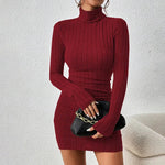 Autumn Winter New Dresses Women Long Sleeves Turtleneck Solid Sexy Bodycon Sheath Mini Dress Club Elegant Party Knitted Dresses - flohmarkt-deutschland.shop
