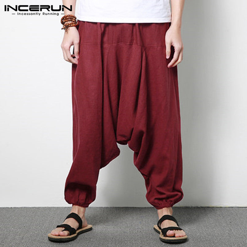 Men's Cotton Linen Loose Casual Harem Pants (Large)