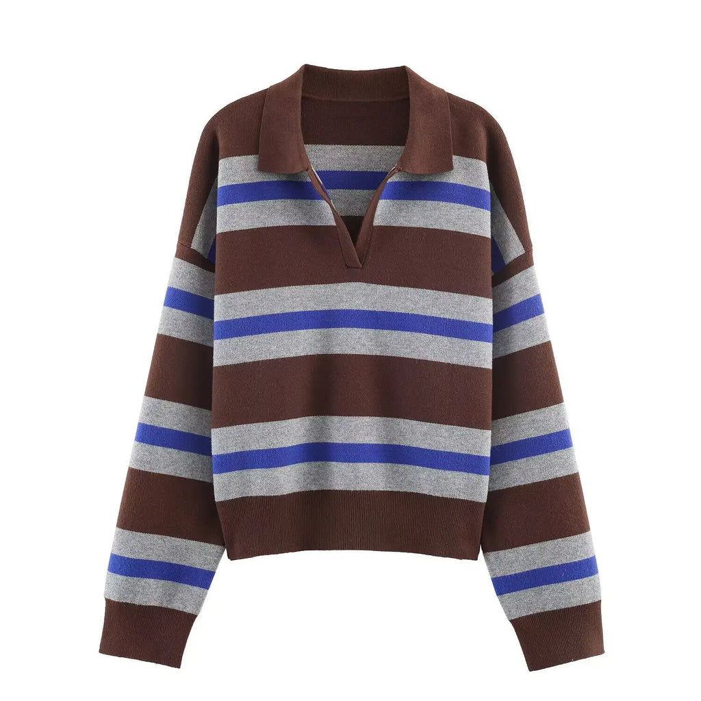 2026 Autumn New Women's Loose Long Sleeve Sweater Solid Color & Bold Stripe Lapel Top Street Fashion Long Sleeve Pullover