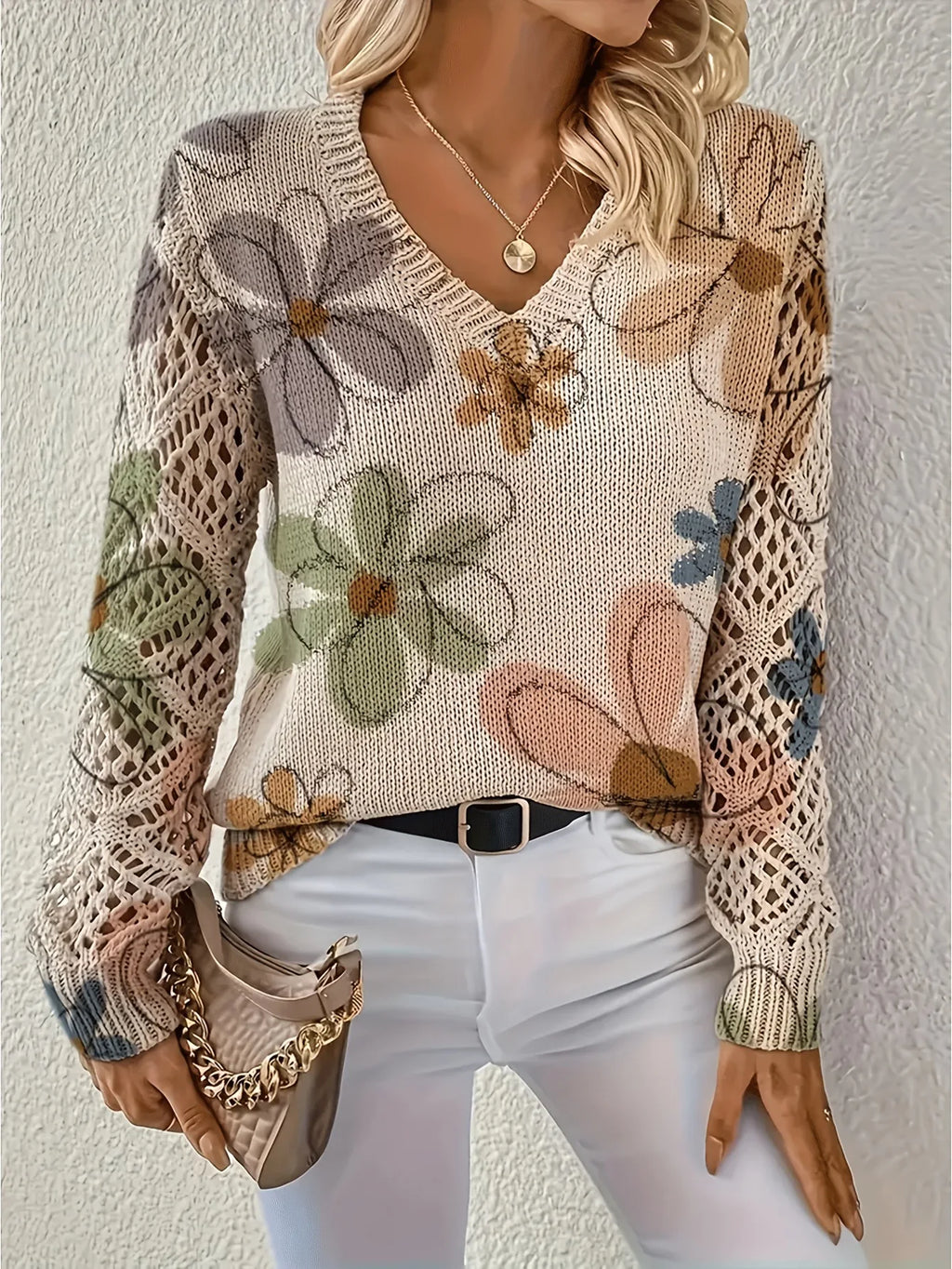 Bohemian Floral V-Neck Pullover | Hollow Print Long Sleeve Knitting Sweater | 2025 Fashion Casual Top (Characters: 78)
