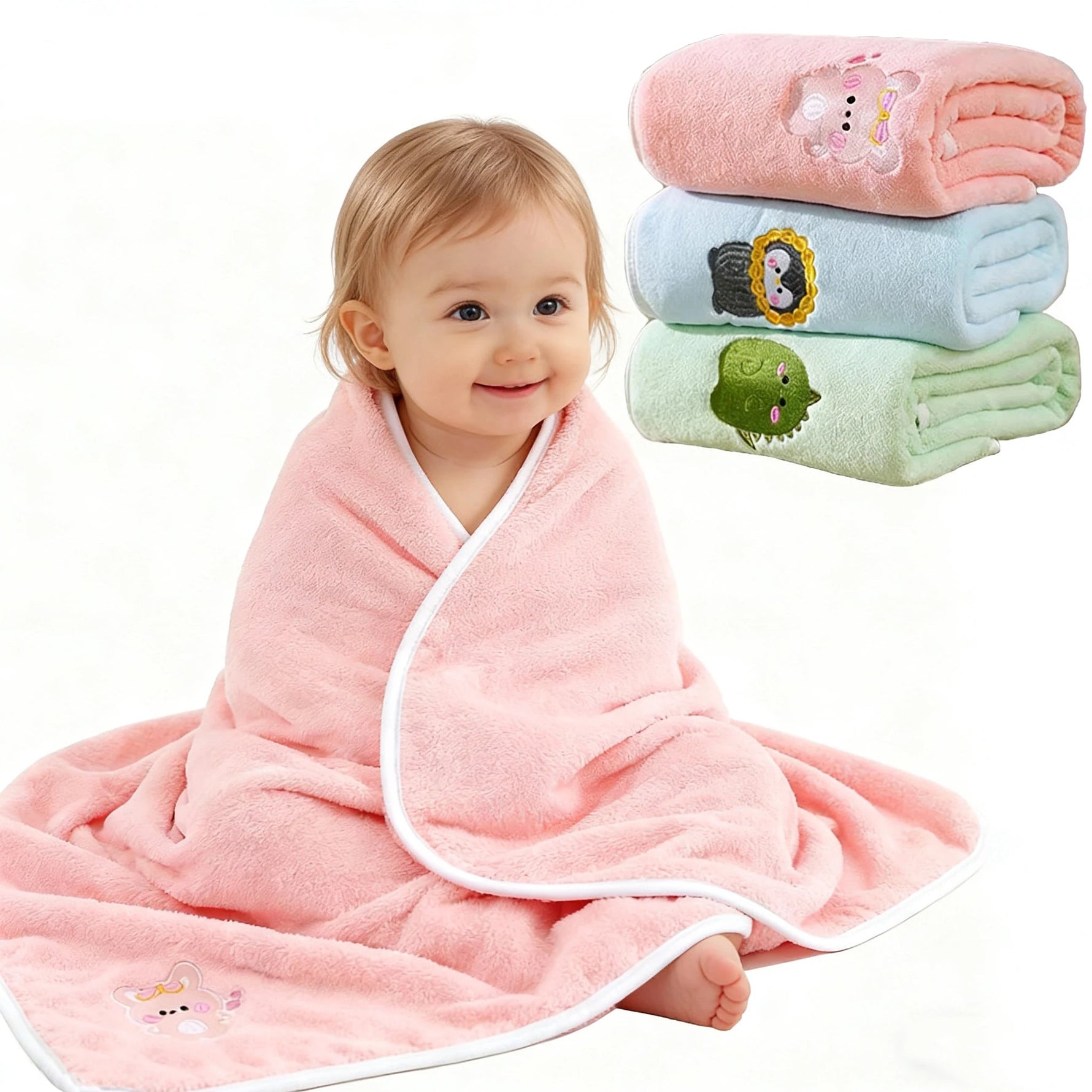 Baby-Badetuch, Wickeldecke für Kleinkinder, Niedliche Tier-Stickerei Fleece-Decke, Weicher Kinderbademantel, Kinderdecke - flohmarkt-deutschland.shop