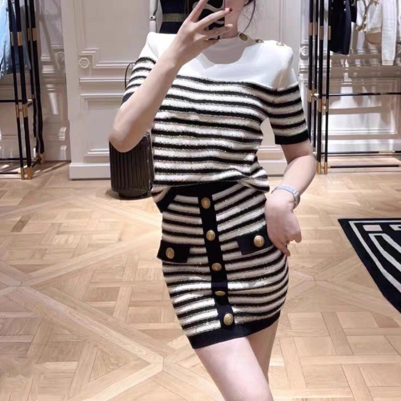 French Style Women's Color-Block Knitted Top & Skirt Set
