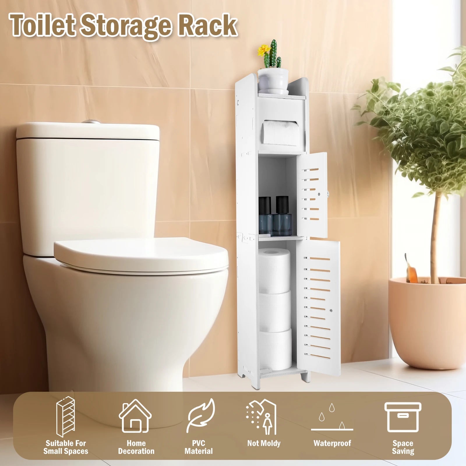 Badezimmer-Aufbewahrungsschrank, 3-stufiger Bodenschrank, Organizer mit Tür, freistehender Toilettenpapierhalter, schmaler Toiletten-Aufbewahrungsschrank - flohmarkt-deutschland.shop