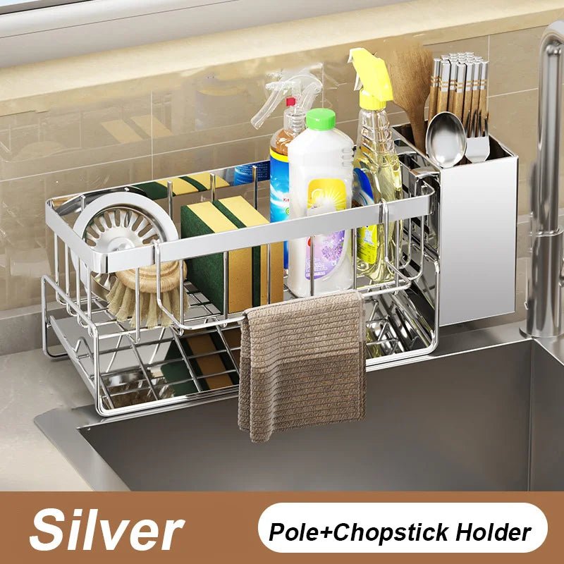 Badezimmer Waschbecken Lagerregal Metall Abflussregal mit Besteckbehälter Geschirrspülschwammhalter Küchenarbeitsplatte Lagerregal - flohmarkt-deutschland.shop