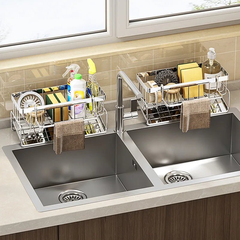 Badezimmer Waschbecken Lagerregal Metall Abflussregal mit Besteckbehälter Geschirrspülschwammhalter Küchenarbeitsplatte Lagerregal - flohmarkt-deutschland.shop