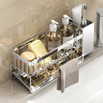 Badezimmer Waschbecken Lagerregal Metall Abflussregal mit Besteckbehälter Geschirrspülschwammhalter Küchenarbeitsplatte Lagerregal - flohmarkt-deutschland.shop
