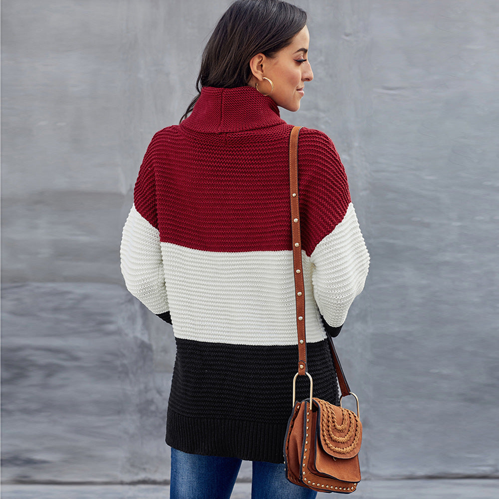 Women's Winter Color Block Turtleneck Knitted Sweater