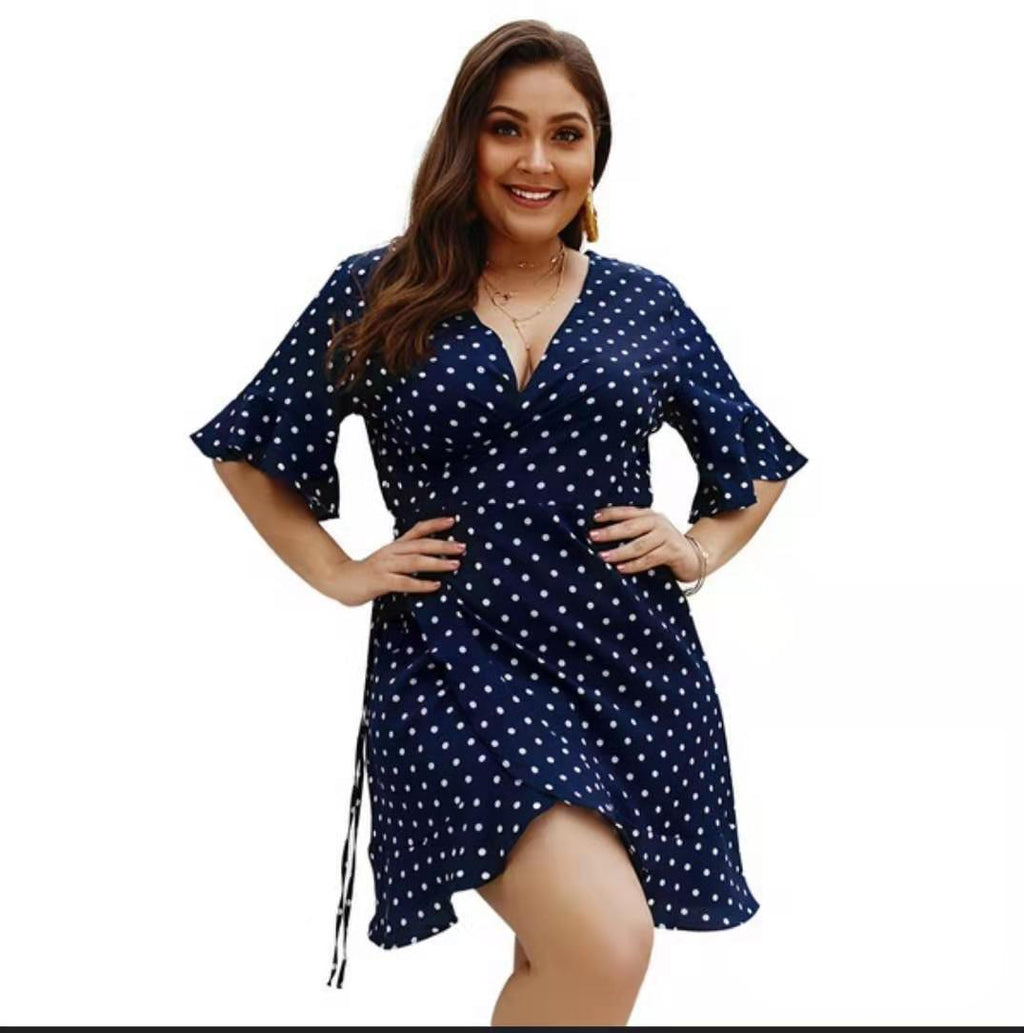 Plus Size XL-4XL Women's Summer V-Neck Polka Dot Dress