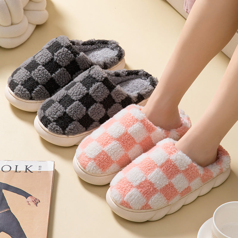 Plush Cotton Non-Slip Thick Bottom Plaid Slippers