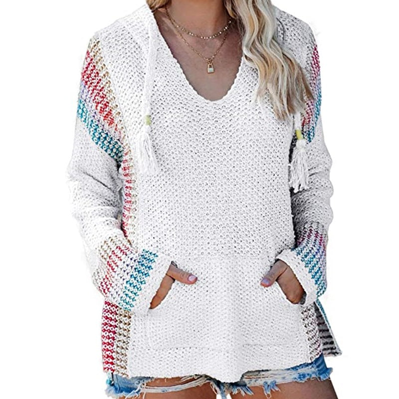 Women's Color-Block Knit Hoodie Sweater (Long Sleeve)