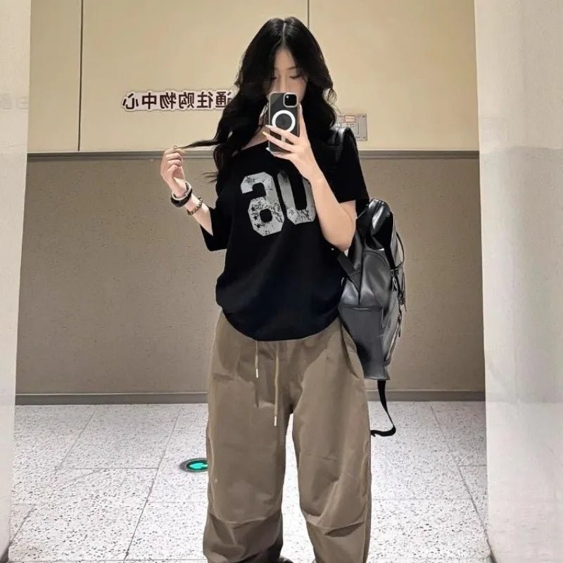 Black Off Shoulder Slant Neck Short Sleeve T-Shirt 2025 Summer Women Sweet Cool Loose Casual Streetwear Fashion - flohmarkt-deutschland.shop