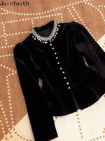 Blusen für Damen, schwarz, mit schweren Perlen verziert, O-Ausschnitt, Puffärmel-Hemden, 2025, Blusas Mujer De Moda, schmale Passform, Samt-Vintage-Blusen-Tops - flohmarkt-deutschland.shop